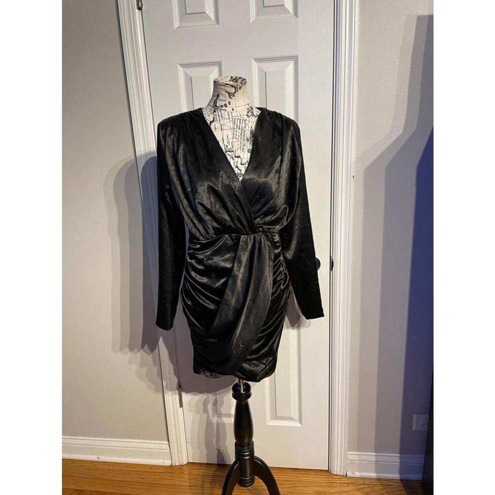 Akira Embellish Bead Satin Bead bLong Sleeve Ruched LBD fitted Bodycon Dress XL